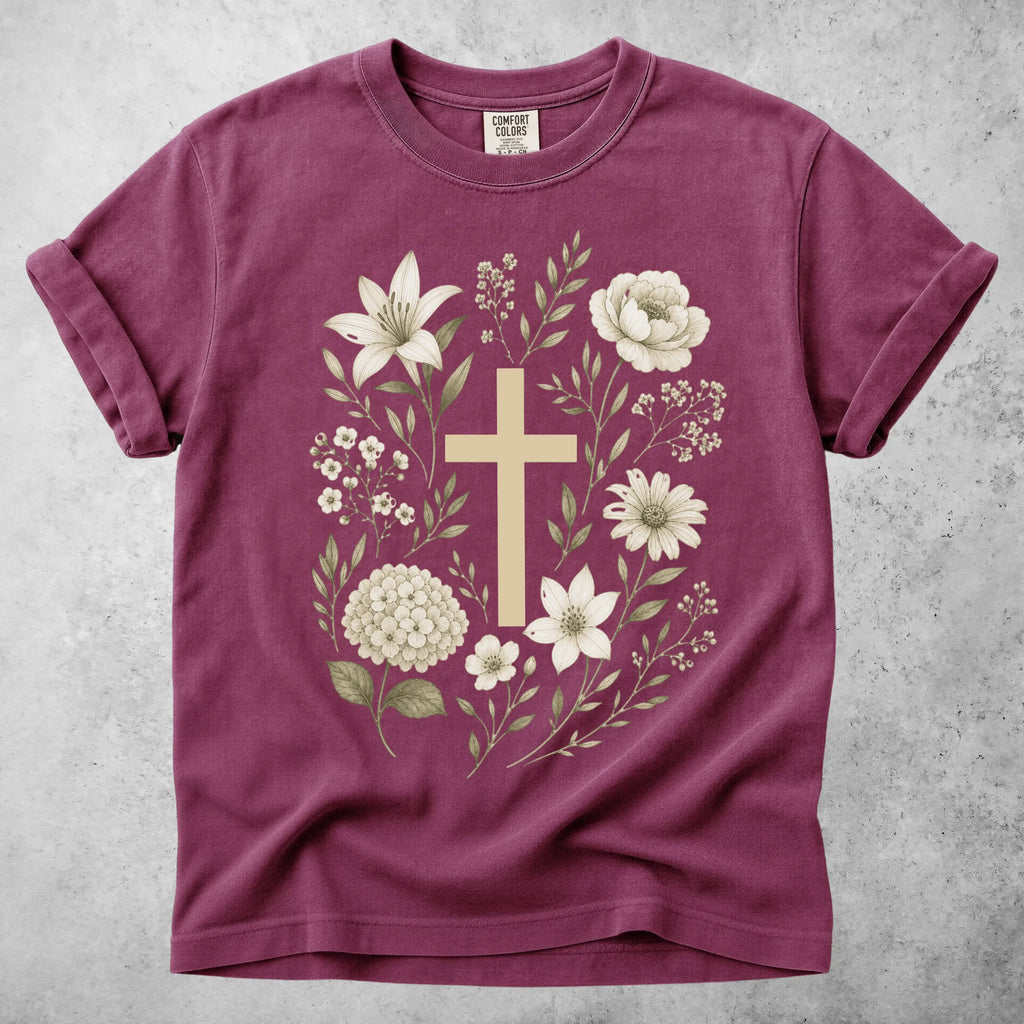 Printify T-Shirt Berry / S Floral Cross Botanical Flowers