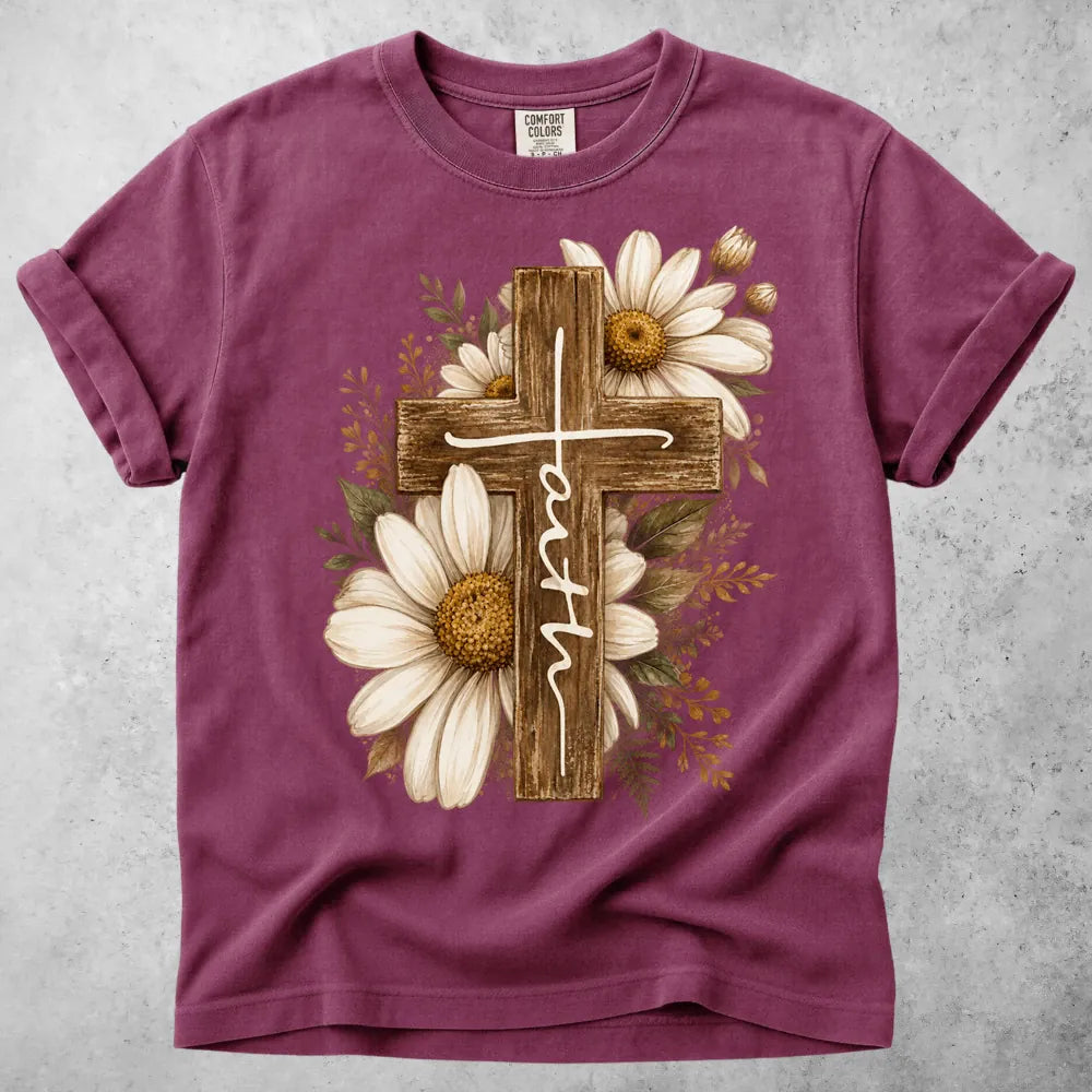 Printify T-Shirt Berry / S Wooden Cross Daisy T-Shirt