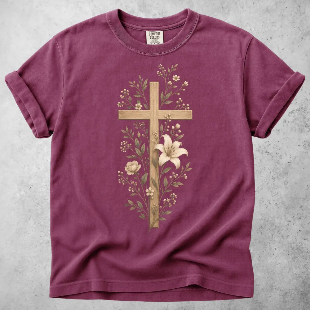 Printify T-Shirt Berry / S Wooden Cross Lily Flowers T-Shirt