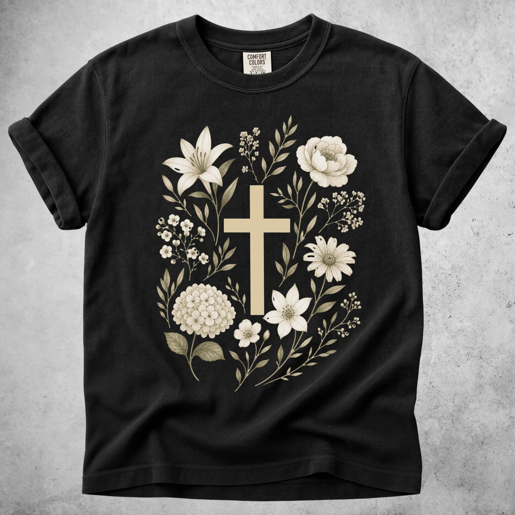 Printify T-Shirt Black / S Floral Cross Botanical Flowers