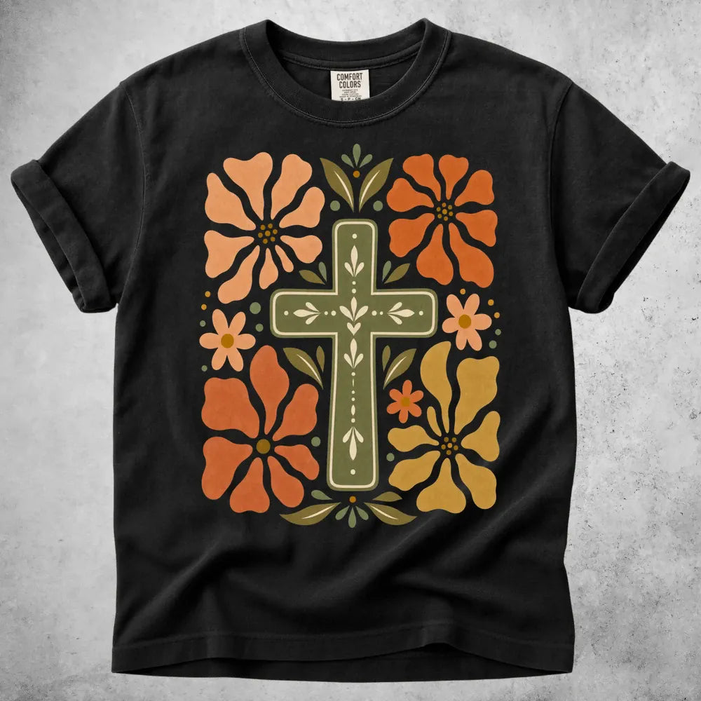 Printify T-Shirt Black / S Floral Cross T-Shirt