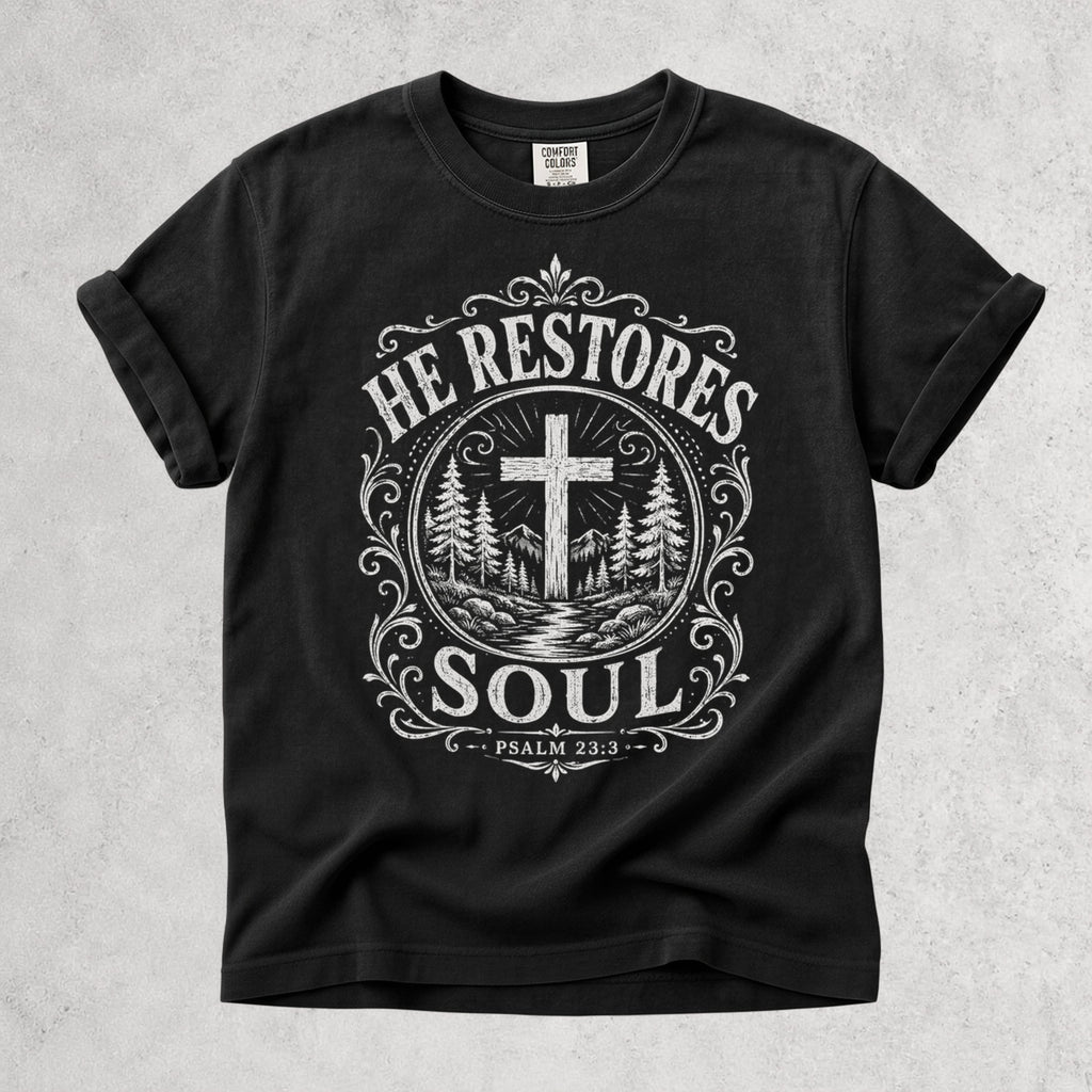 Printify T-Shirt Black / S He Restores Soul Christian Psalm 23:3