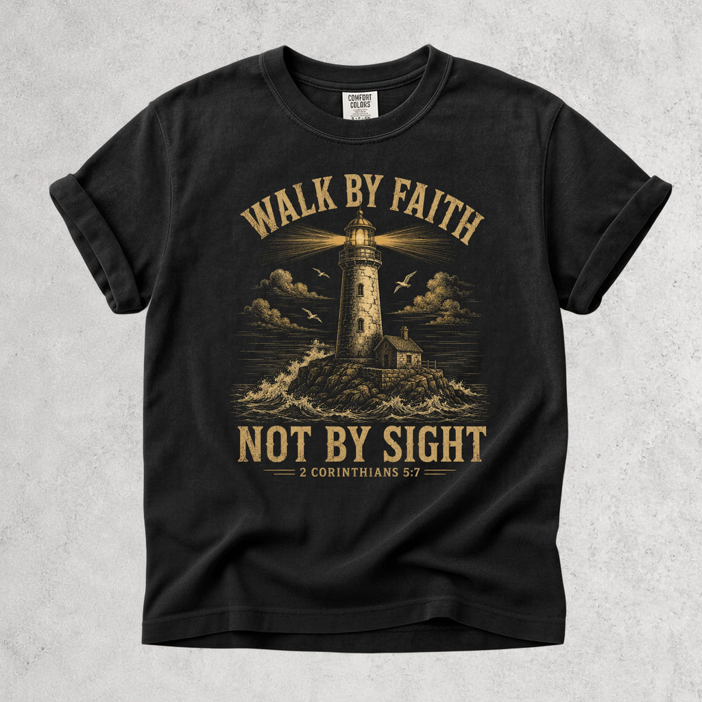 Printify T-Shirt Black / S Walk By Faith Lighthouse