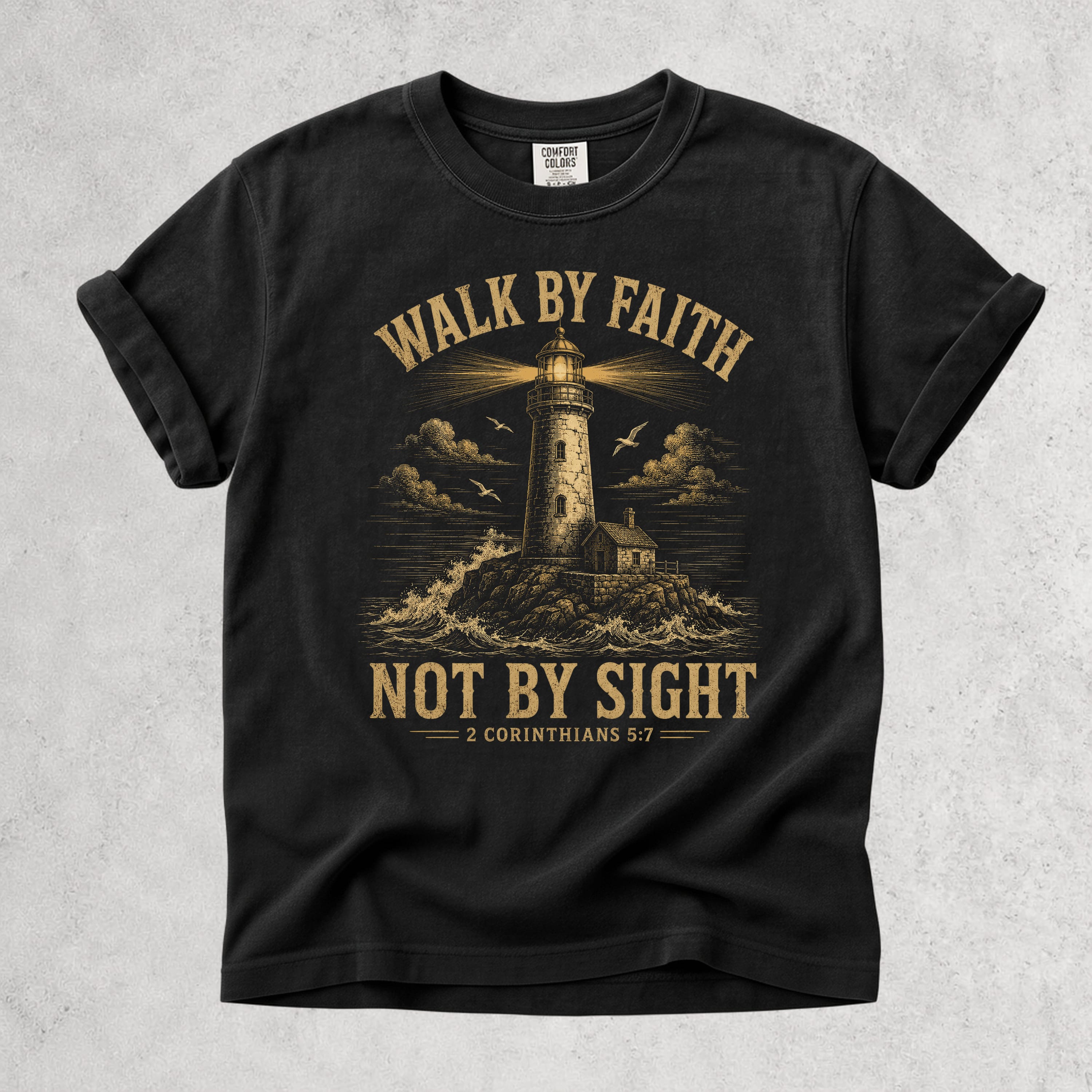 Printify T-Shirt Black / S Walk By Faith Lighthouse
