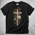 Printify T-Shirt Black / S Wooden Cross Lily Flowers T-Shirt