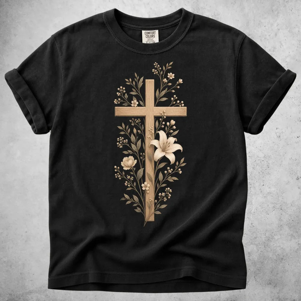 Printify T-Shirt Black / S Wooden Cross Lily Flowers T-Shirt