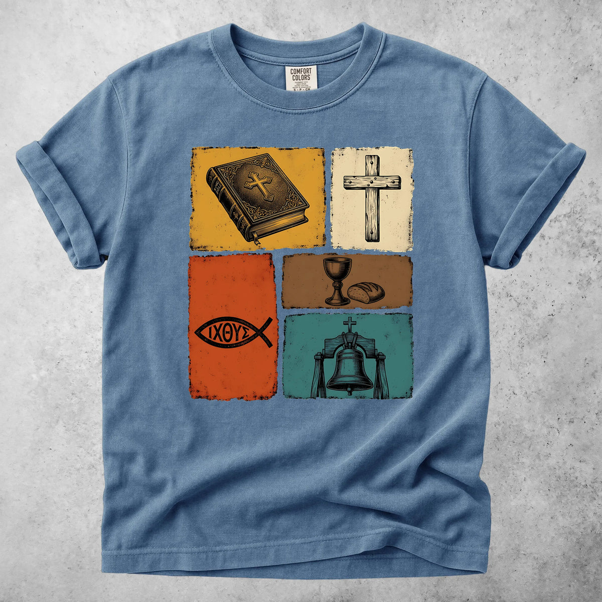 Printify T-Shirt Blue Jean / S Christian Faith Symbols Vintage T-Shirt