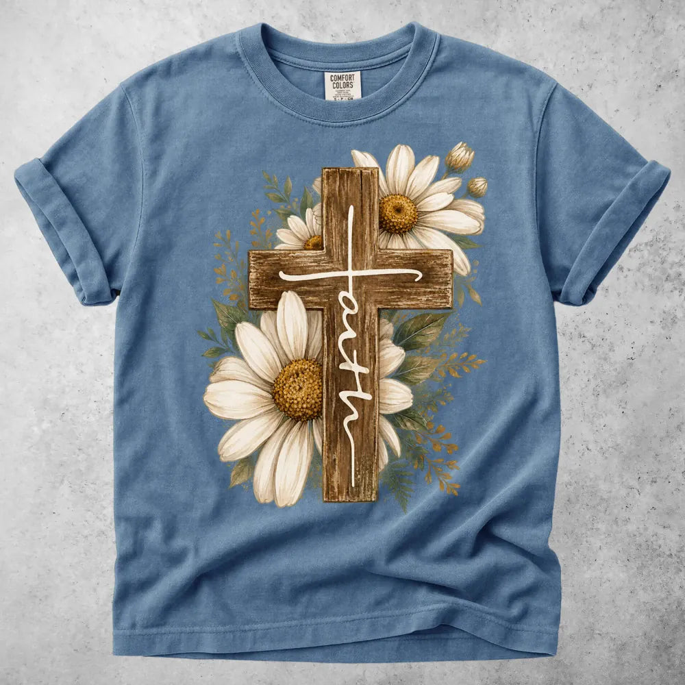 Printify T-Shirt Blue Jean / S Wooden Cross Daisy T-Shirt