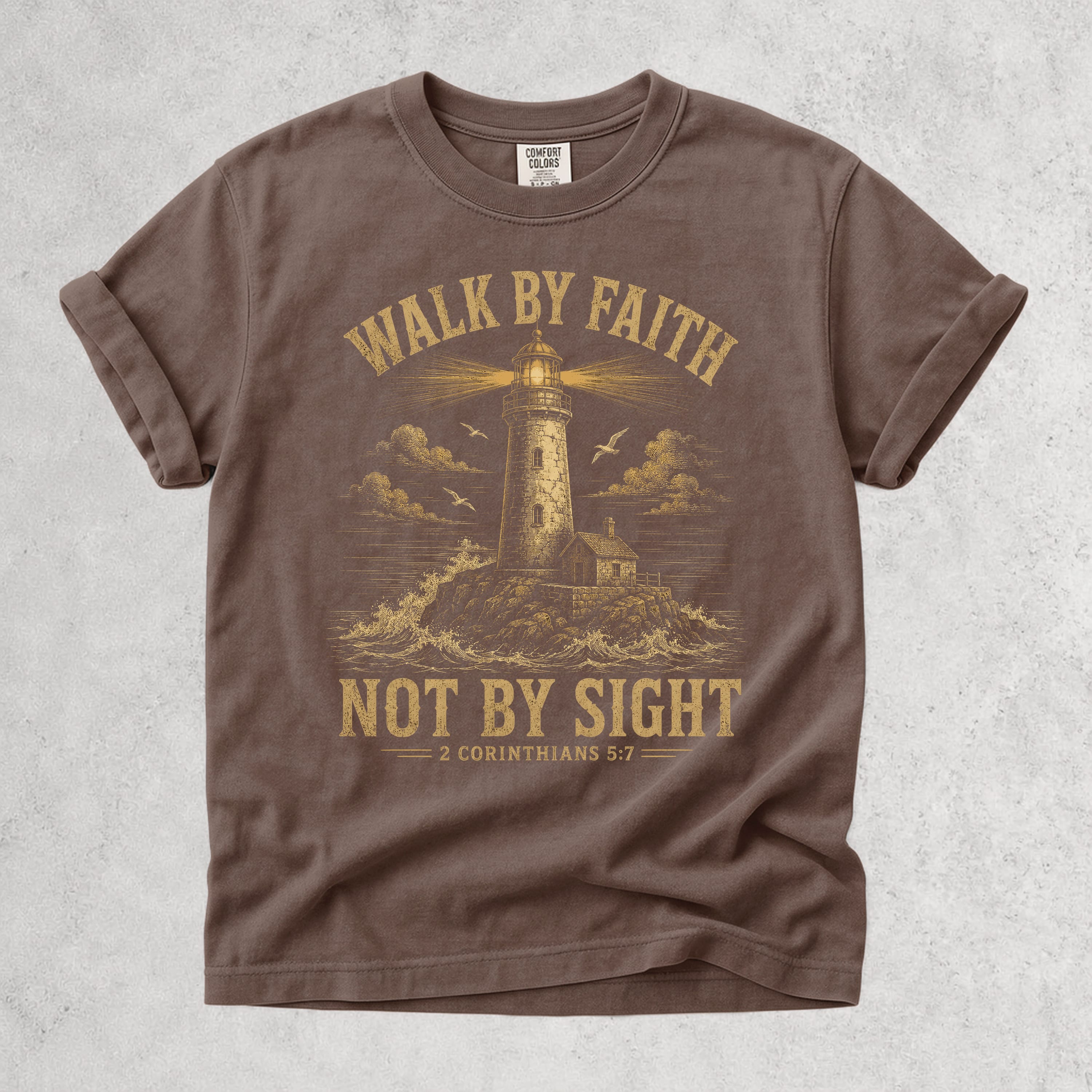 Printify T-Shirt Espresso / S Walk By Faith Lighthouse