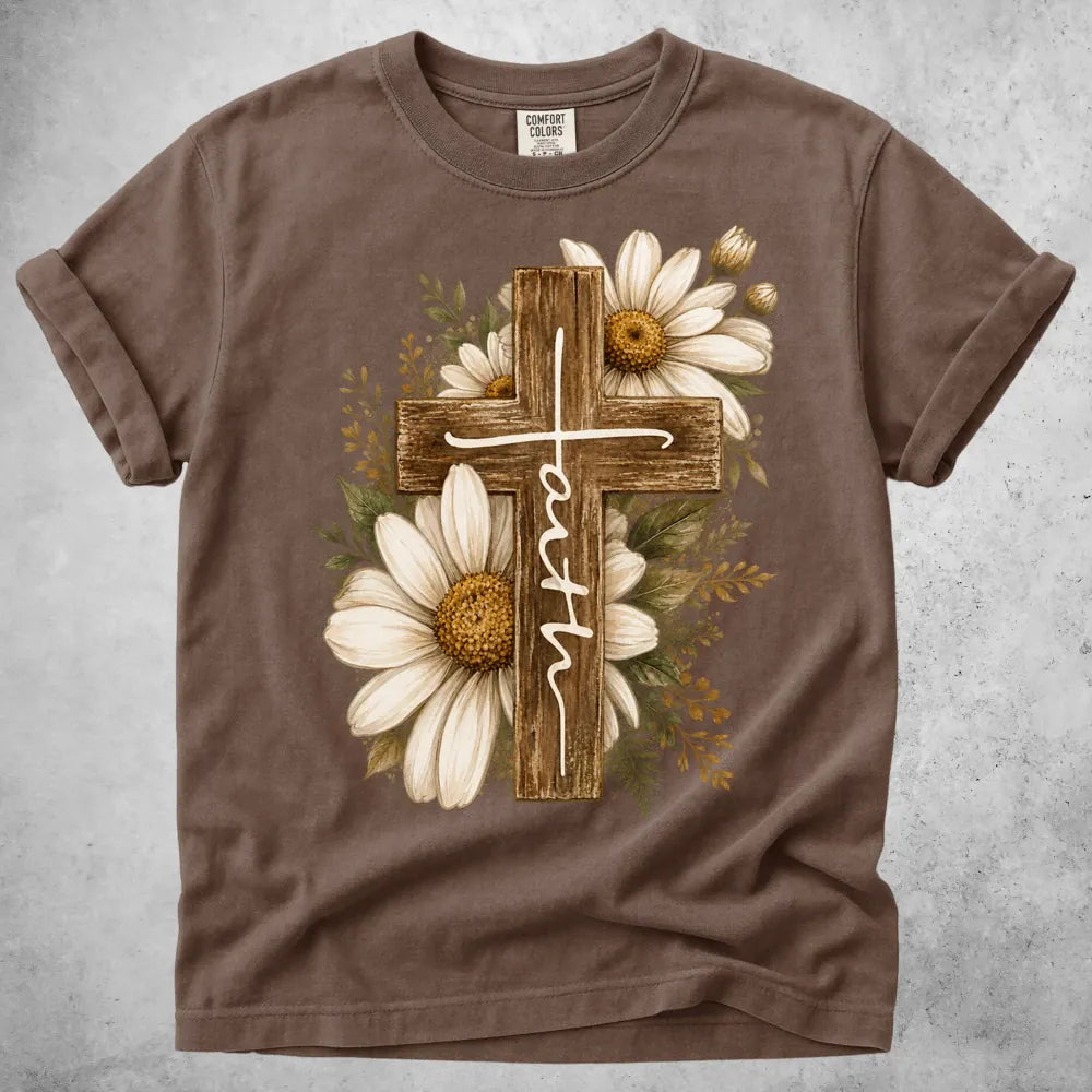 Printify T-Shirt Espresso / S Wooden Cross Daisy T-Shirt