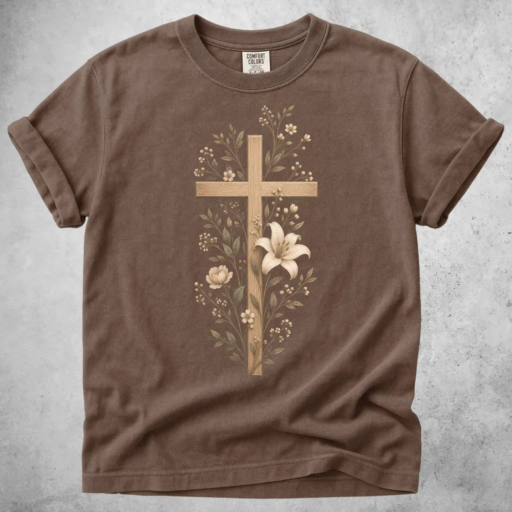Printify T-Shirt Espresso / S Wooden Cross Lily Flowers T-Shirt