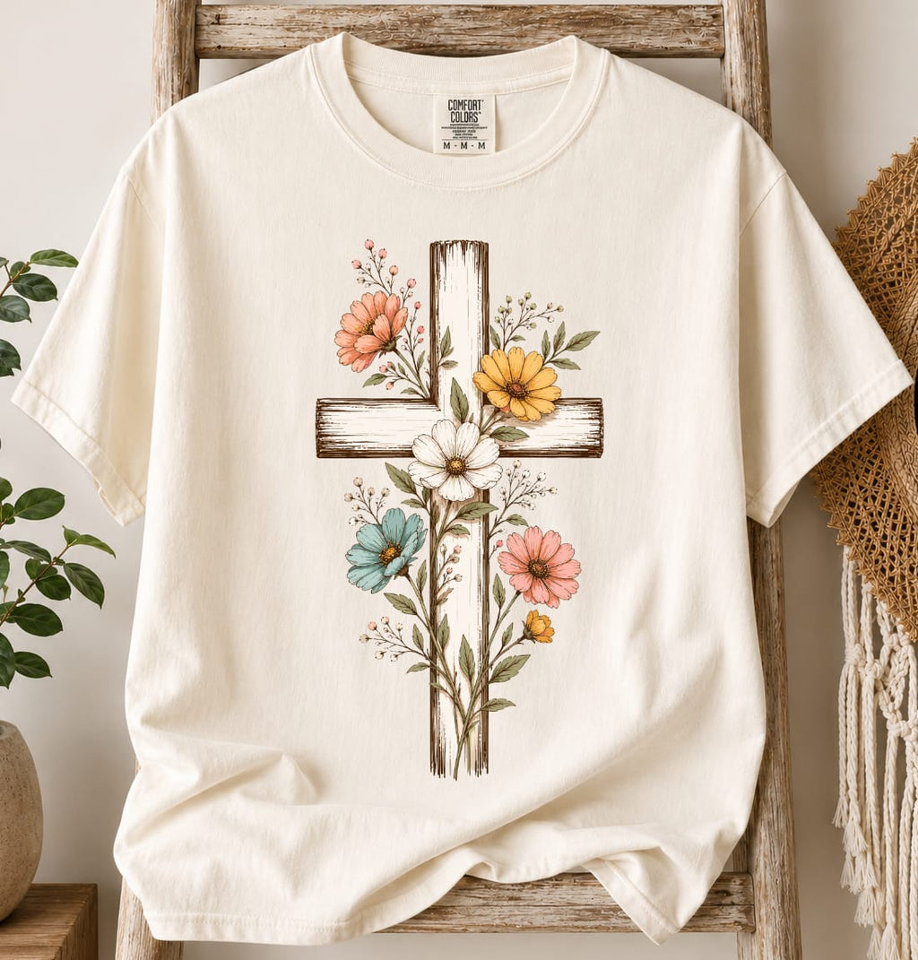 Printify T-Shirt Ivory / S Flower Cross T-Shirt