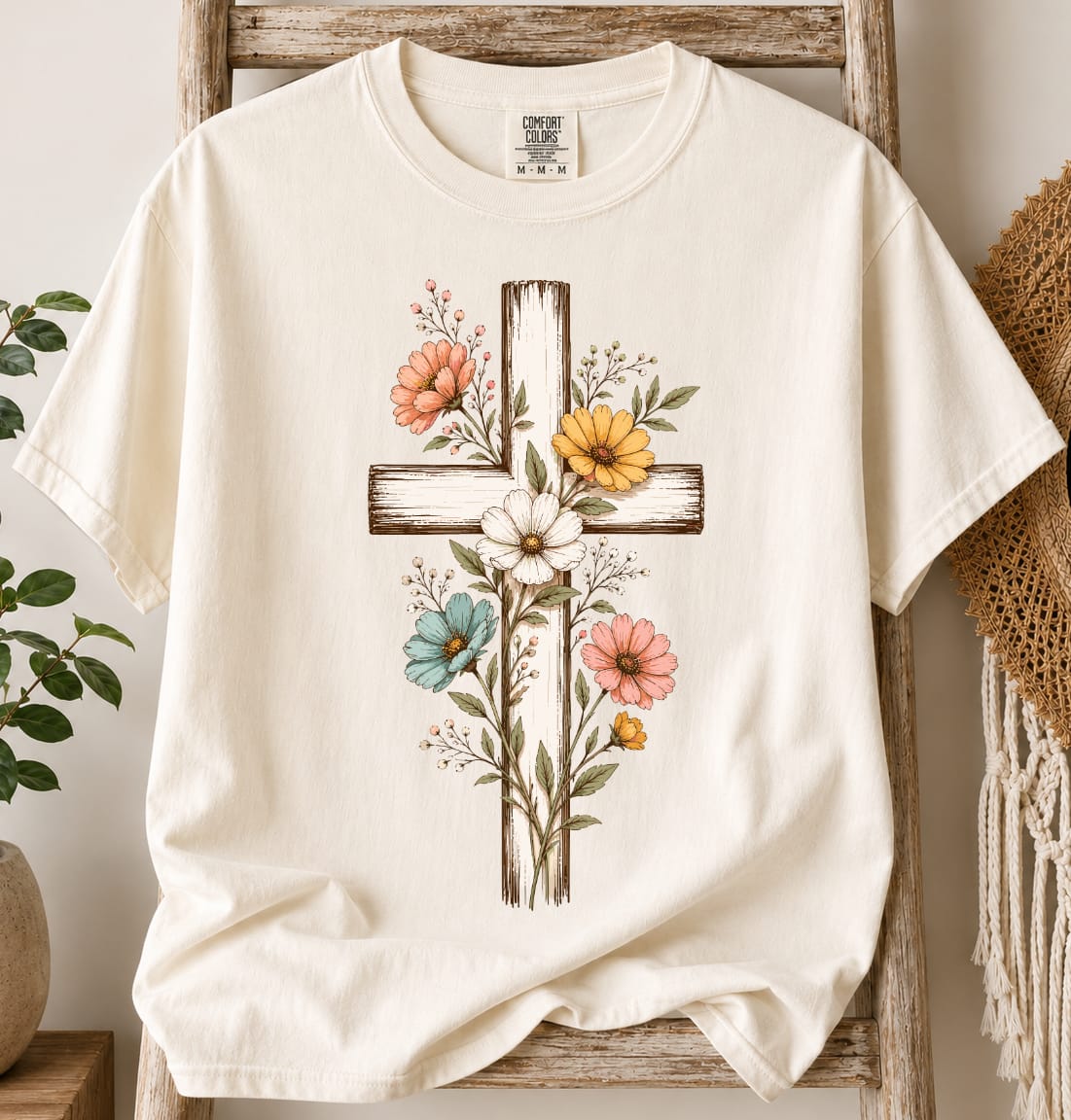 Printify T-Shirt Ivory / S Flower Cross T-Shirt
