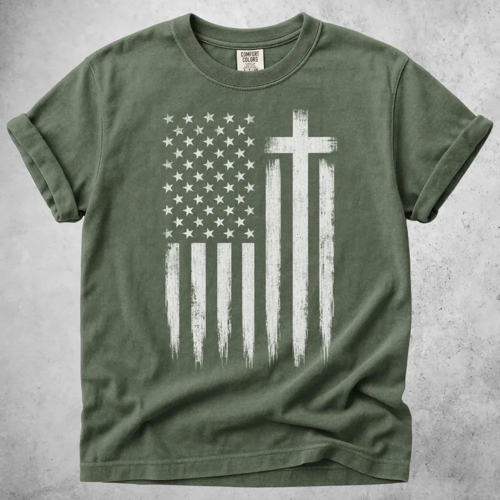 Printify T-Shirt Moss / S American Flag Cross T-Shirt