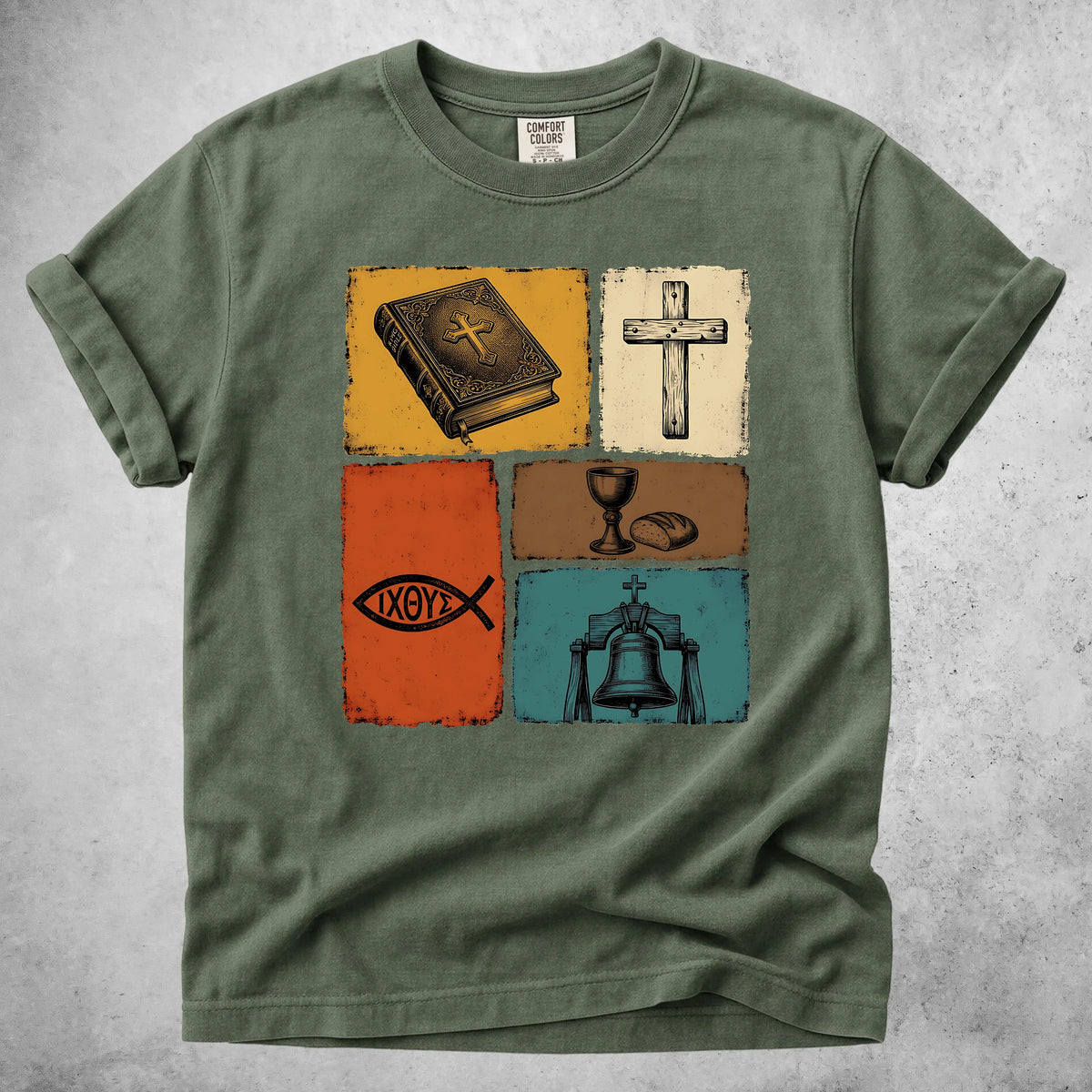 Printify T-Shirt Moss / S Christian Faith Symbols Vintage T-Shirt