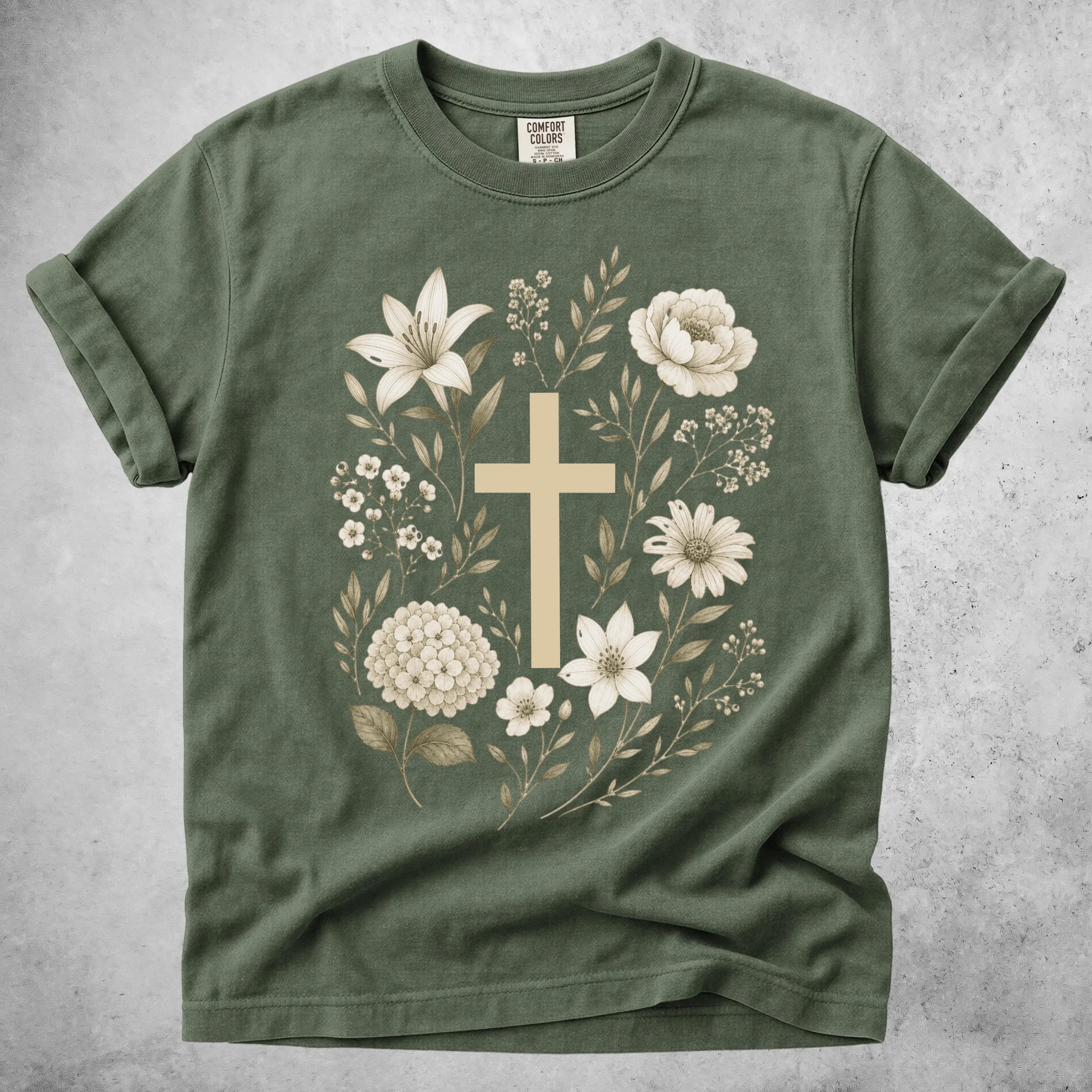 Printify T-Shirt Moss / S Floral Cross Botanical Flowers