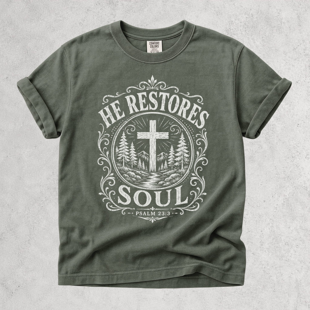 Printify T-Shirt Moss / S He Restores Soul Christian Psalm 23:3