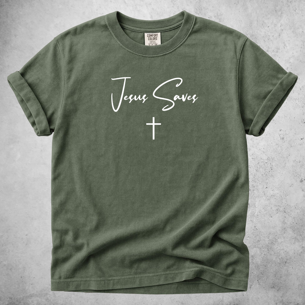 Printify T-Shirt Moss / S Jesus Saves - Minimal Cross Faith