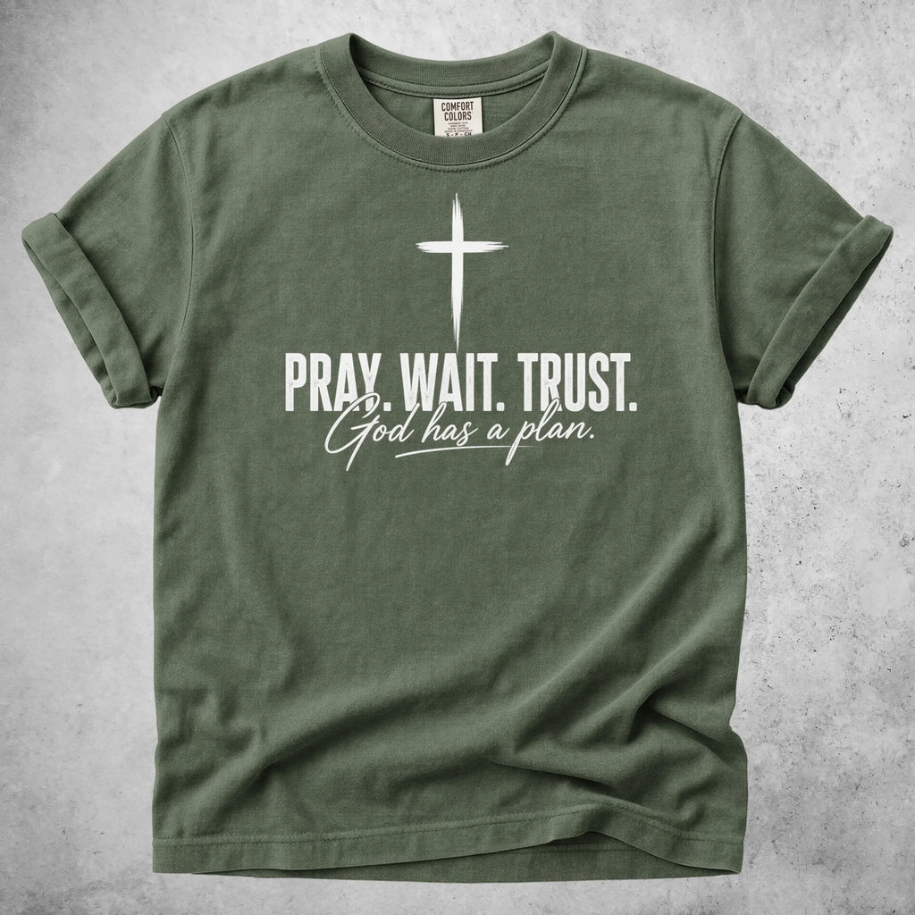 Printify T-Shirt Moss / S PRAY. WAIT. TRUST. God has a plan