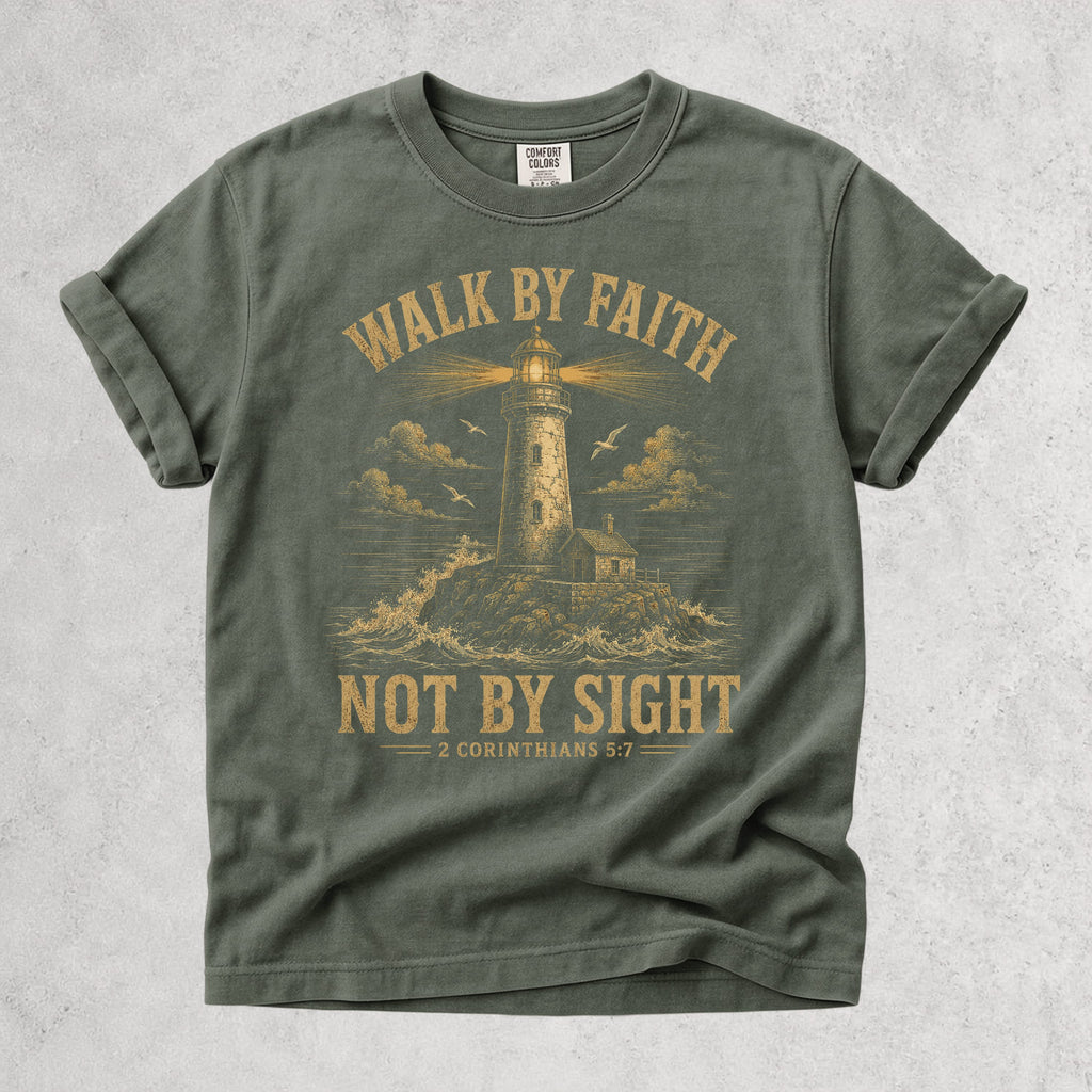 Printify T-Shirt Moss / S Walk By Faith Lighthouse