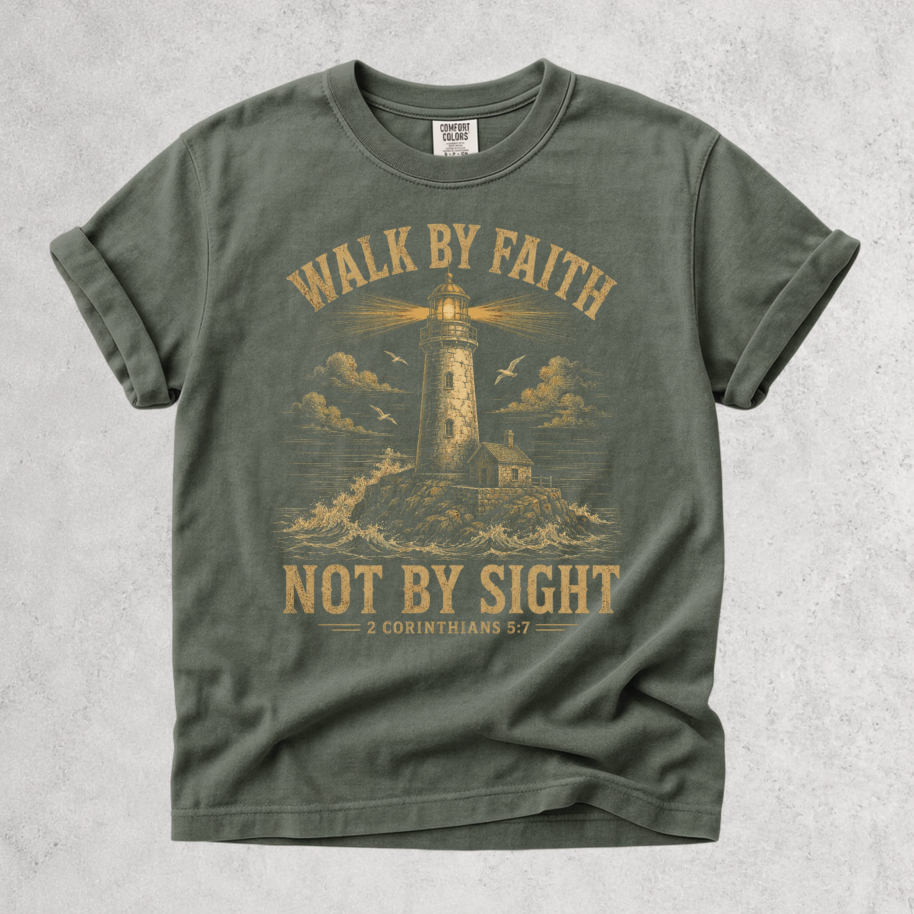 Printify T-Shirt Moss / S Walk By Faith Lighthouse