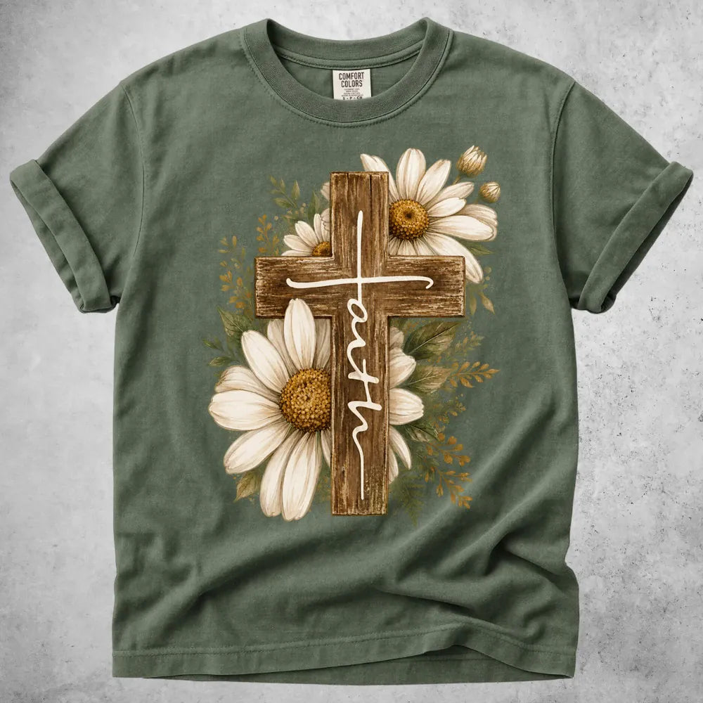Printify T-Shirt Moss / S Wooden Cross Daisy T-Shirt