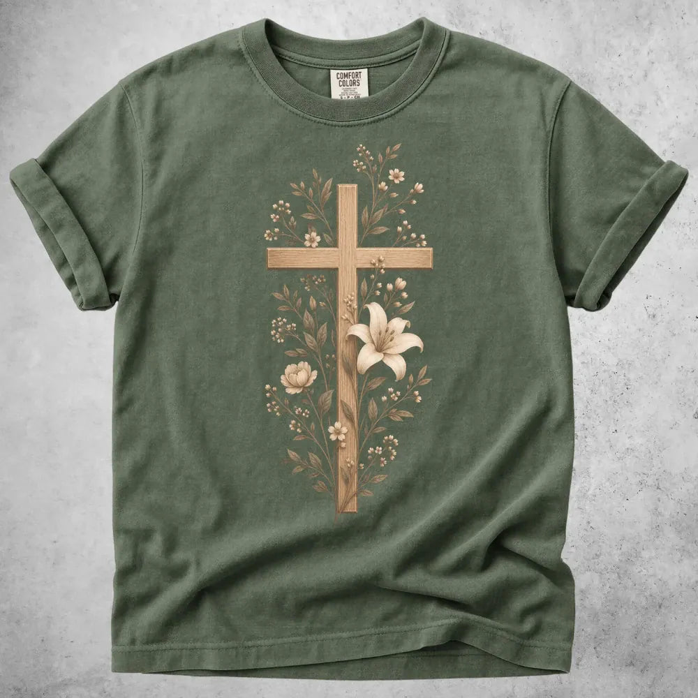 Printify T-Shirt Moss / S Wooden Cross Lily Flowers T-Shirt