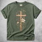 Printify T-Shirt Moss / S Wooden Cross Lily Flowers T-Shirt