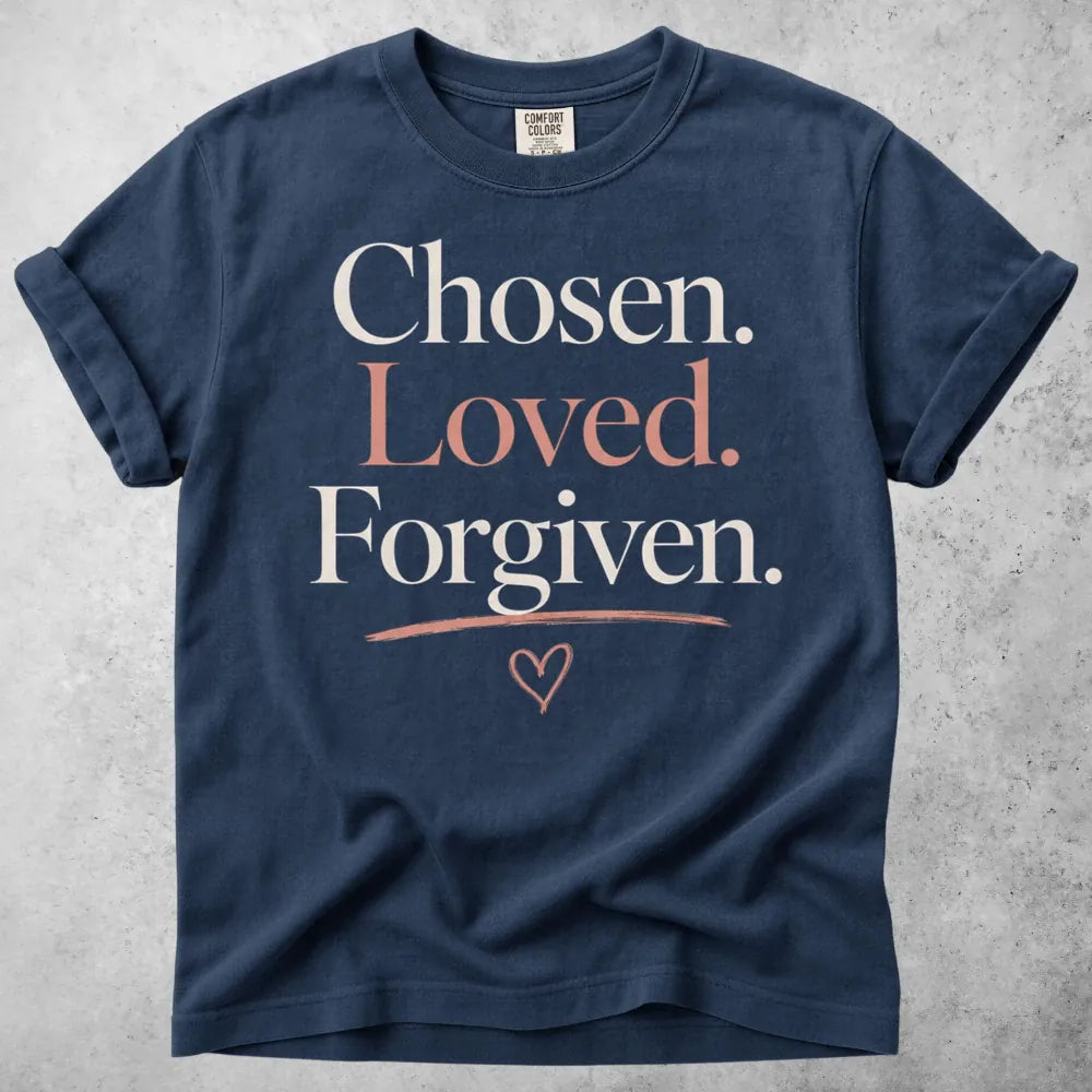 Printify T-Shirt Navy / S Chosen, Loved, Forgiven T-Shirt