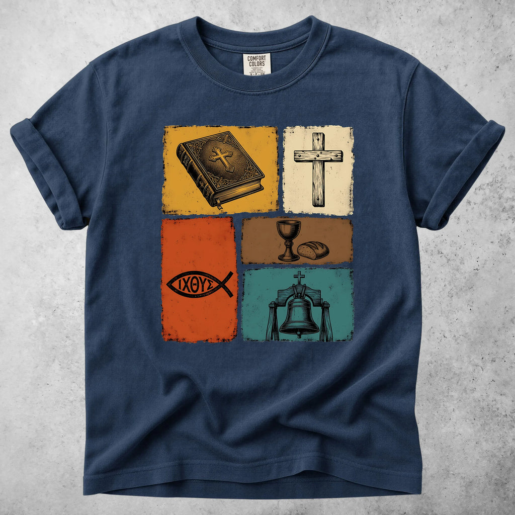 Printify T-Shirt Navy / S Christian Faith Symbols Vintage T-Shirt