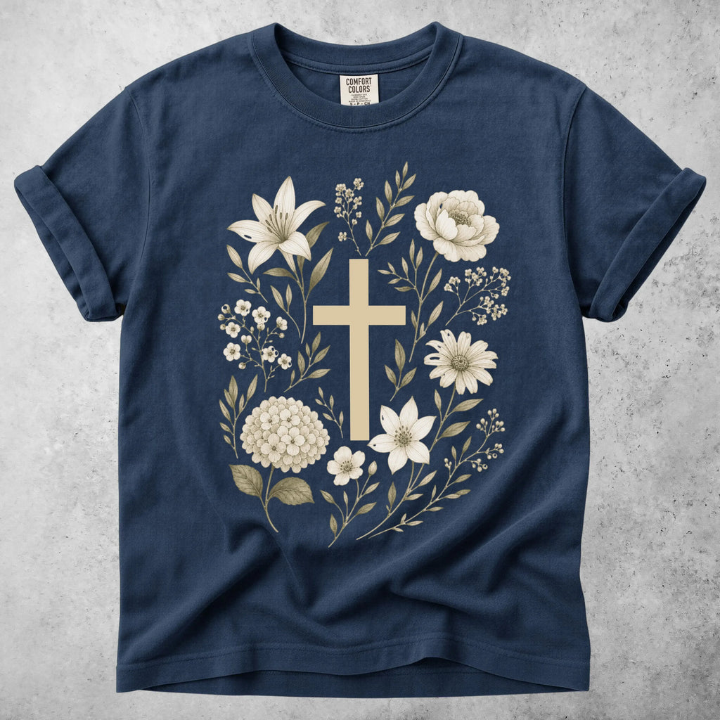 Printify T-Shirt Navy / S Floral Cross Botanical Flowers