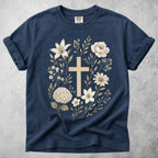 Printify T-Shirt Navy / S Floral Cross Botanical Flowers