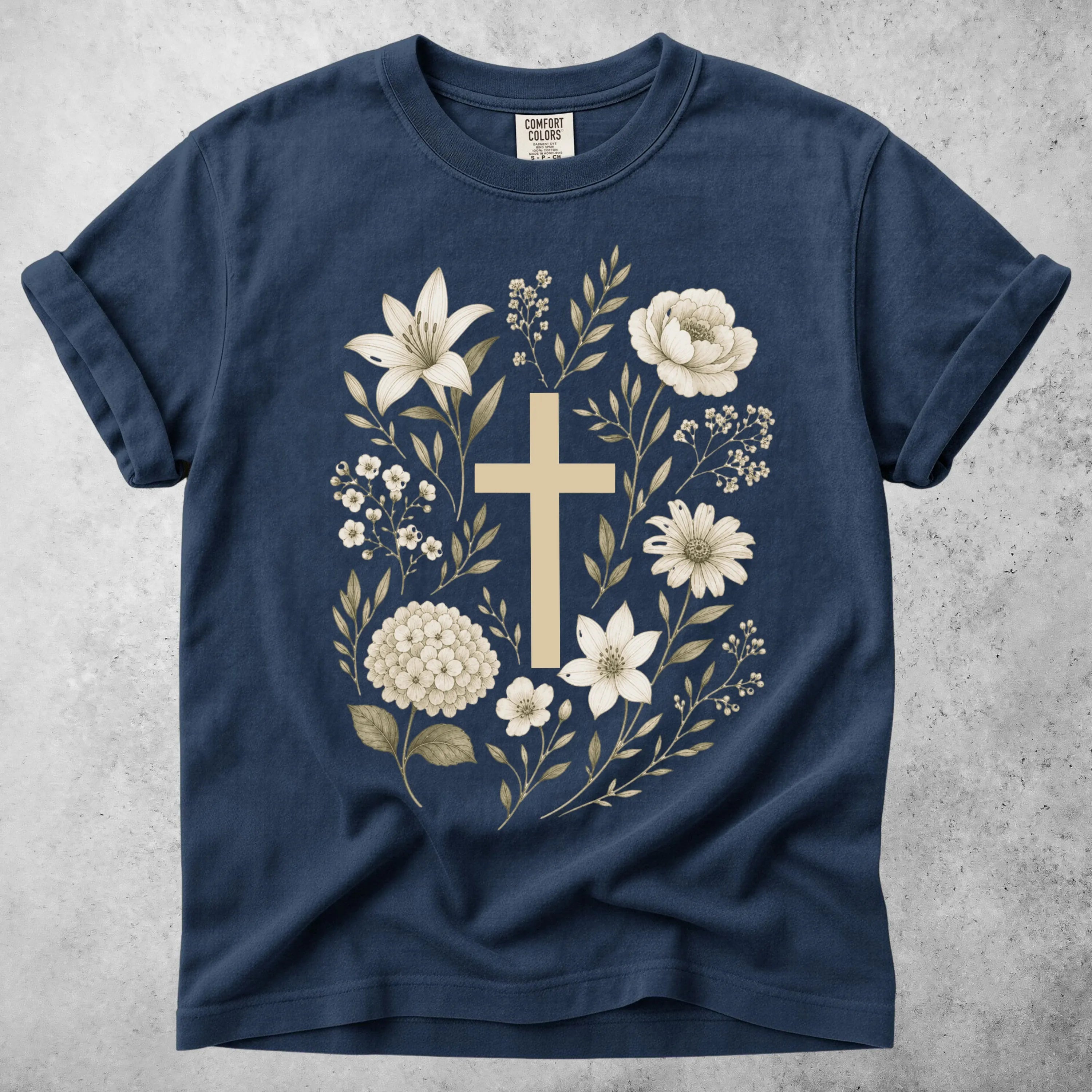 Printify T-Shirt Navy / S Floral Cross Botanical Flowers
