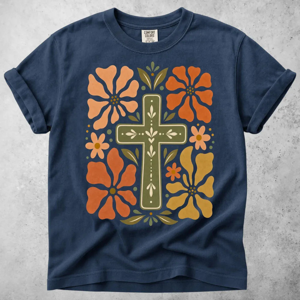 Printify T-Shirt Navy / S Floral Cross T-Shirt