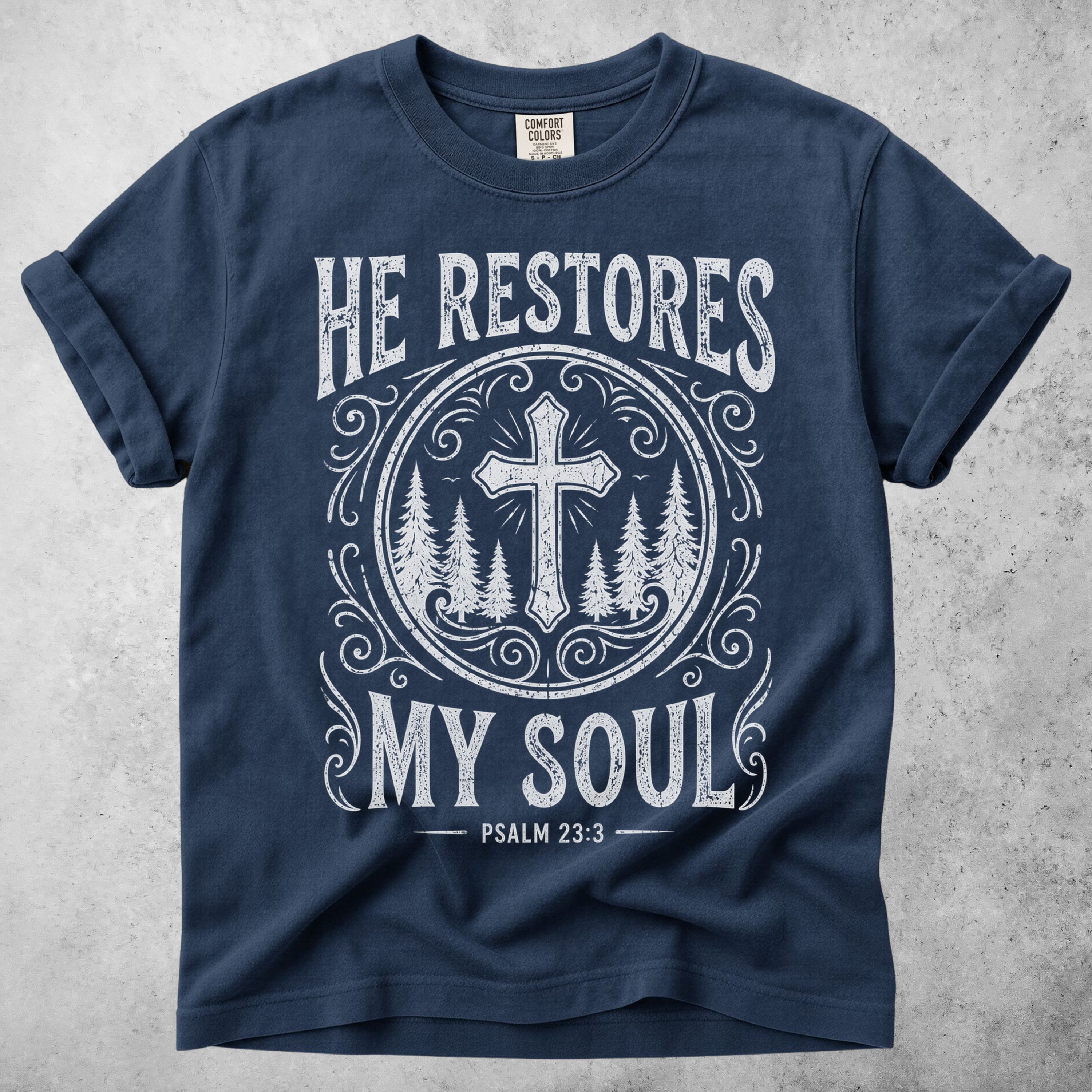 Printify T-Shirt Navy / S He Restores My Soul