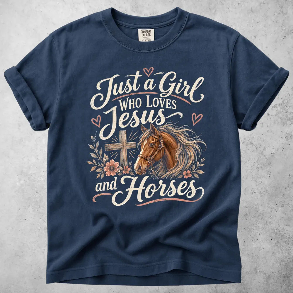 Printify T-Shirt Navy / S just a girl who loves jesus and horses T-Shirt