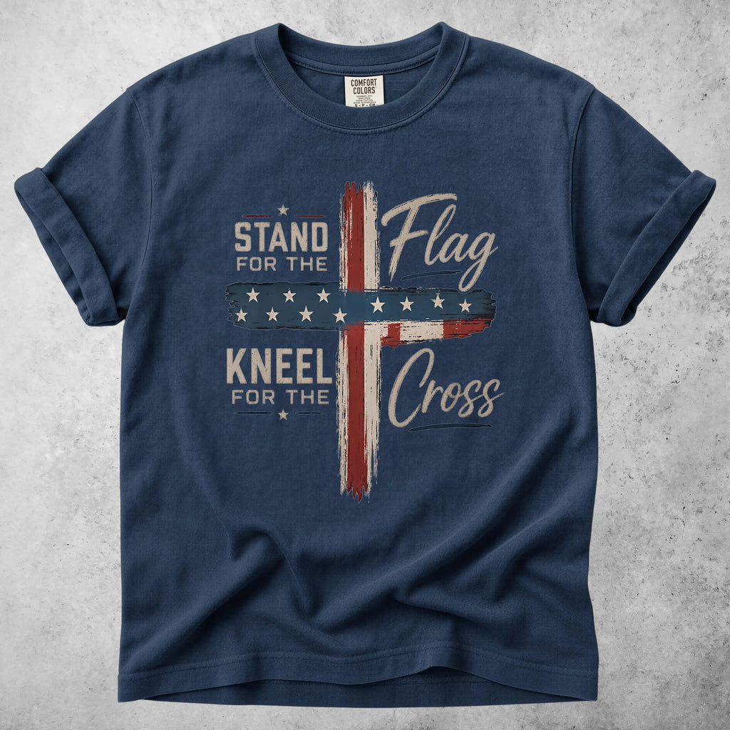 Printify T-Shirt Navy / S STAND FOR THE Flag KNEEL FOR THE Cross - T-Shirt