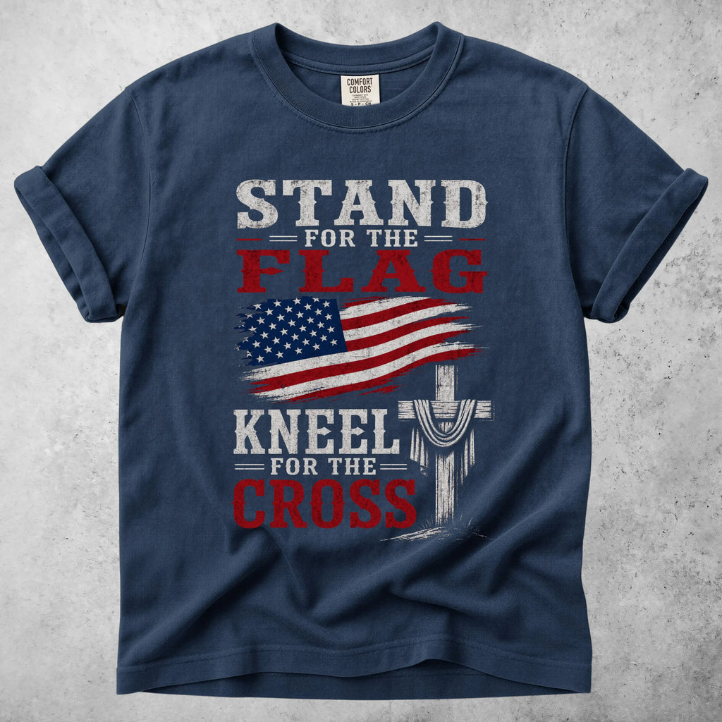 Printify T-Shirt Navy / S STAND FOR THE FLAG KNEEL FOR THE CROSS - T-Shirt