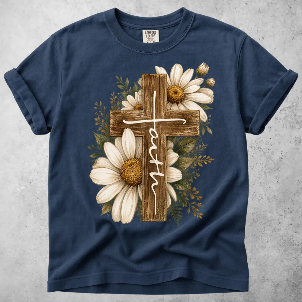 Printify T-Shirt Navy / S Wooden Cross Daisy T-Shirt