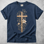 Printify T-Shirt Navy / S Wooden Cross Lily Flowers T-Shirt