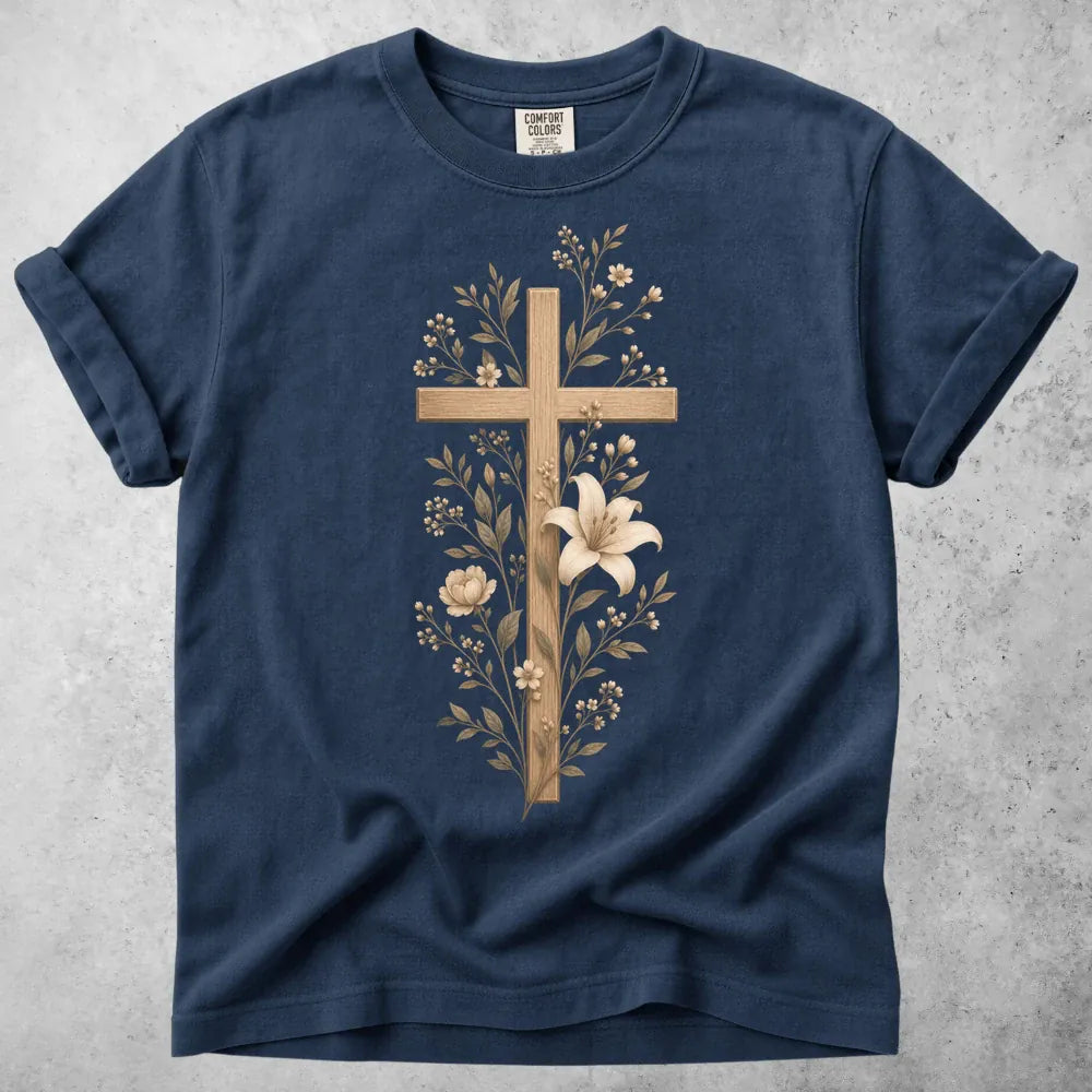 Printify T-Shirt Navy / S Wooden Cross Lily Flowers T-Shirt