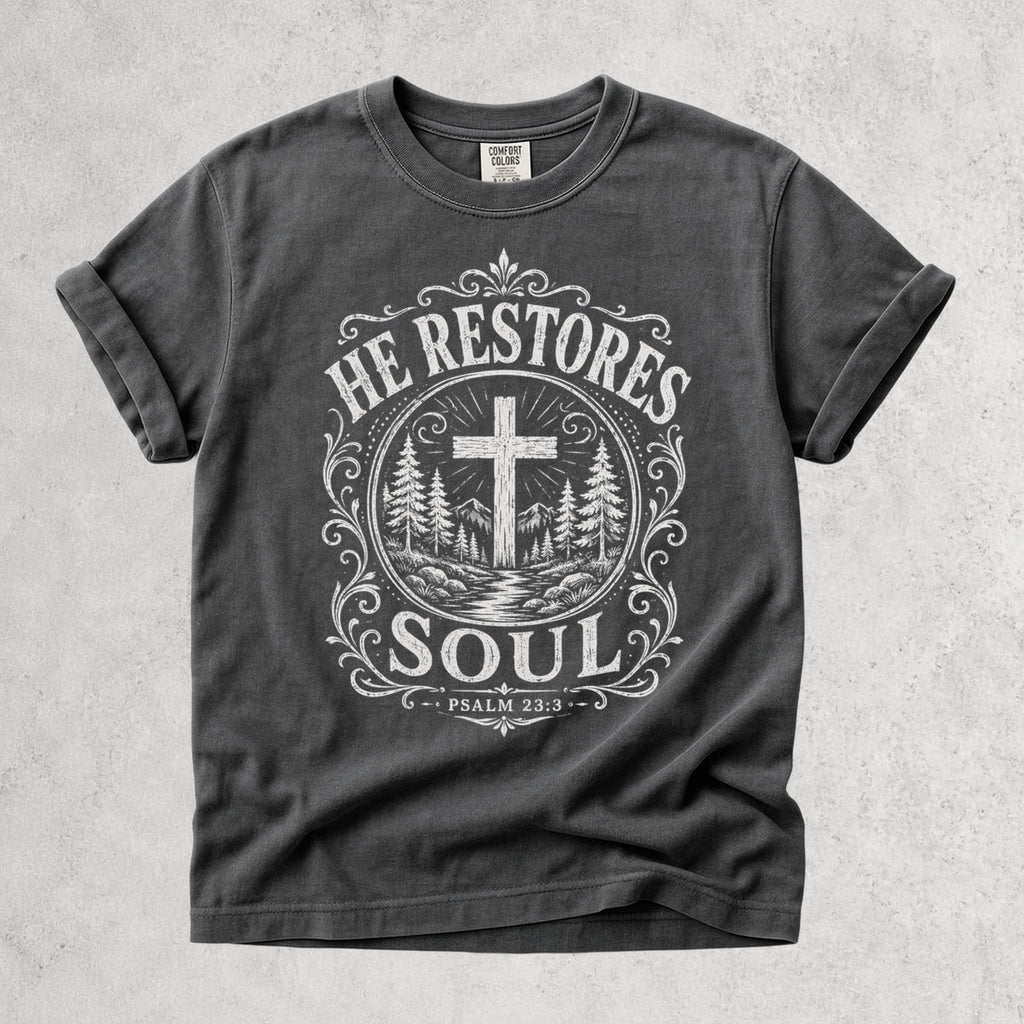 Printify T-Shirt Pepper / S He Restores Soul Christian Psalm 23:3