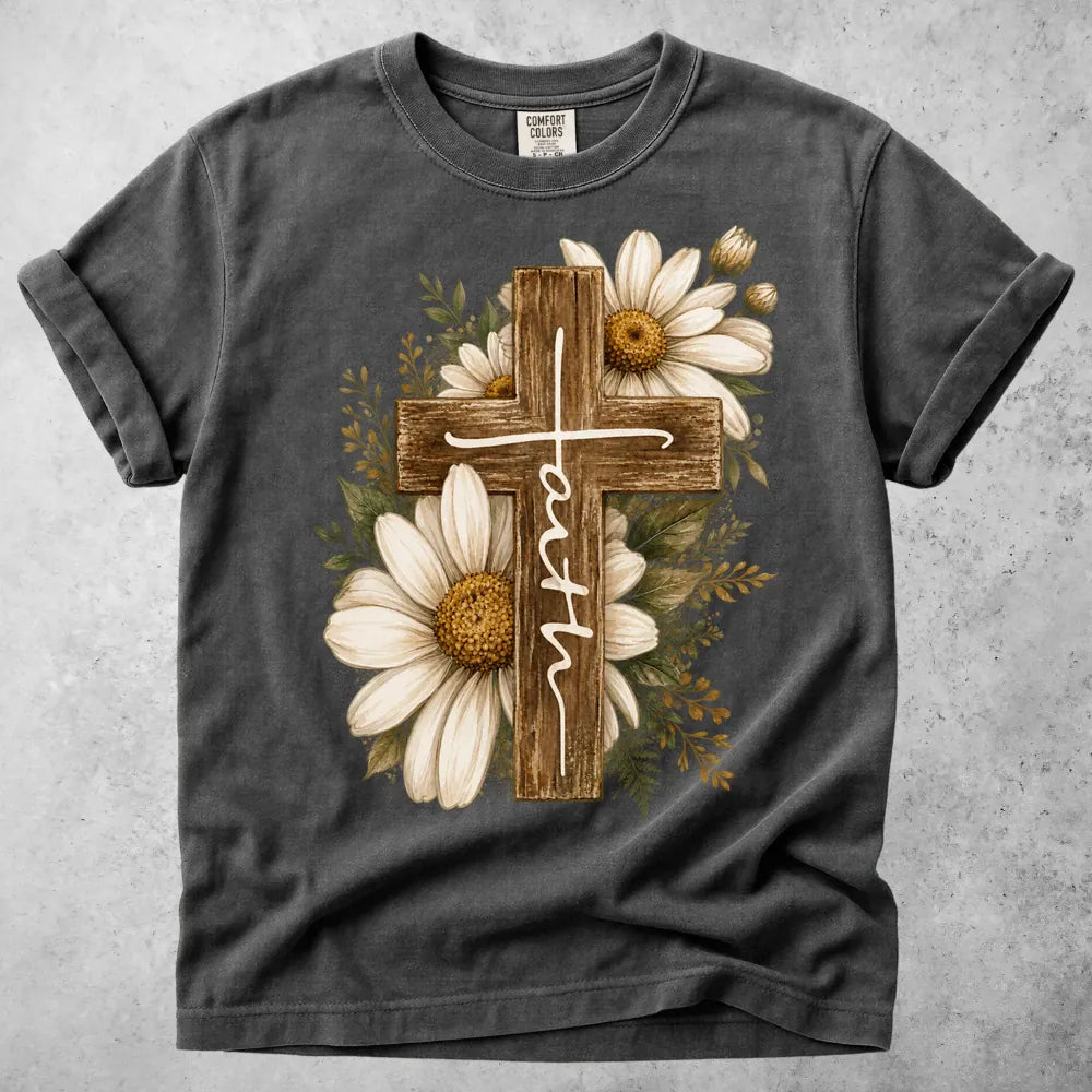 Printify T-Shirt Pepper / S Wooden Cross Daisy T-Shirt