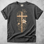 Printify T-Shirt Pepper / S Wooden Cross Lily Flowers T-Shirt