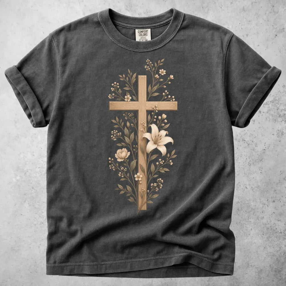 Printify T-Shirt Pepper / S Wooden Cross Lily Flowers T-Shirt