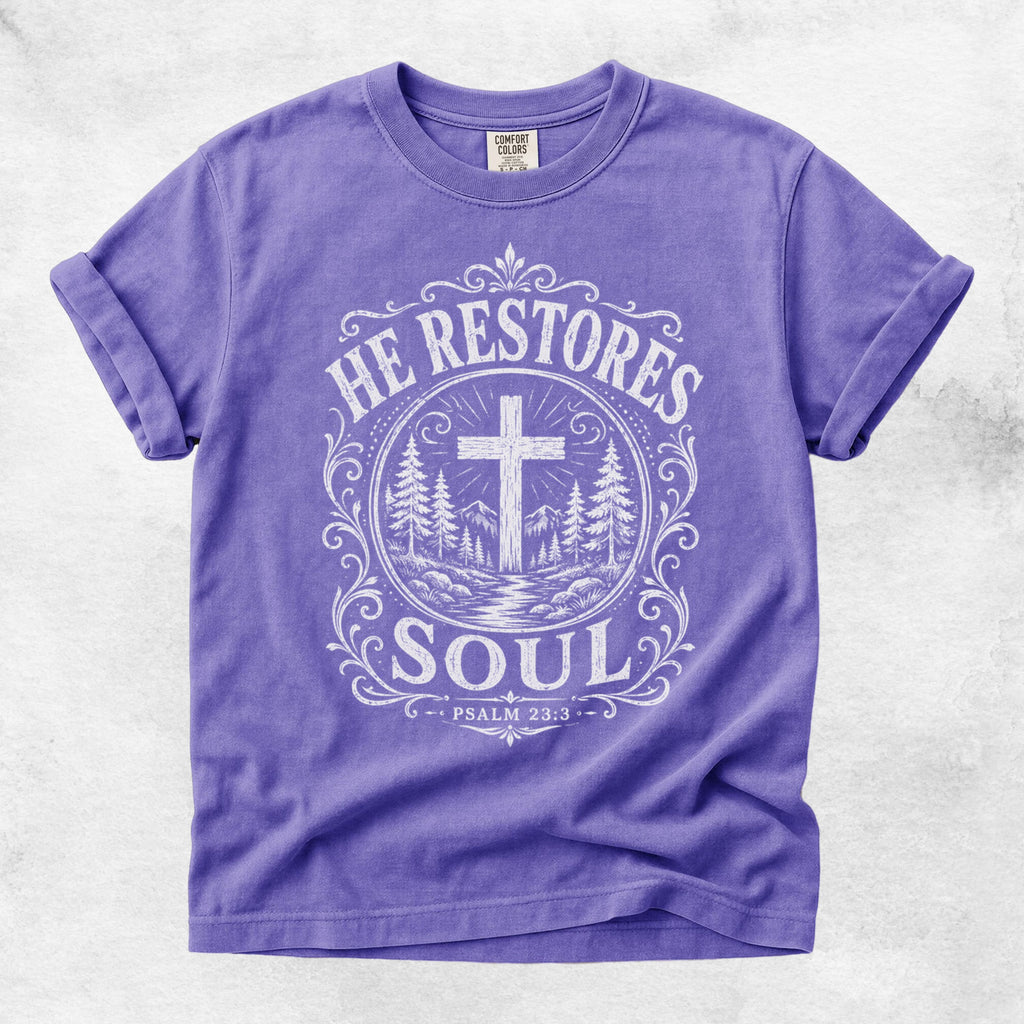 Printify T-Shirt Violet / S He Restores Soul Christian Psalm 23:3