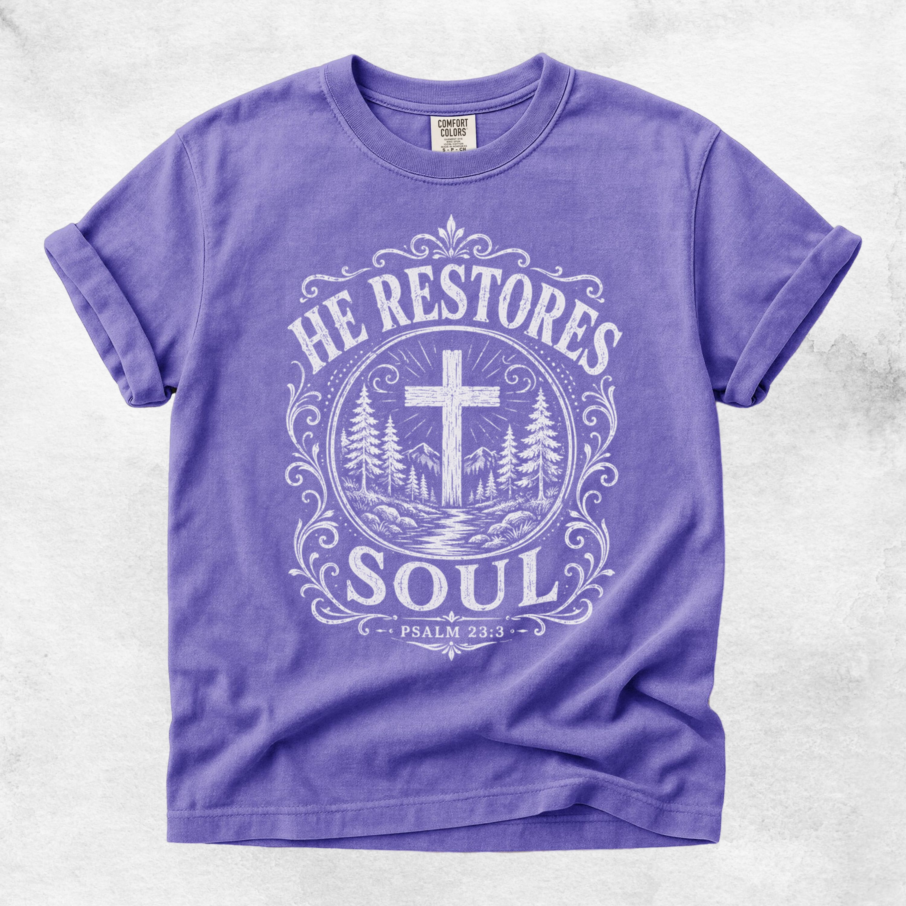Printify T-Shirt Violet / S He Restores Soul Christian Psalm 23:3