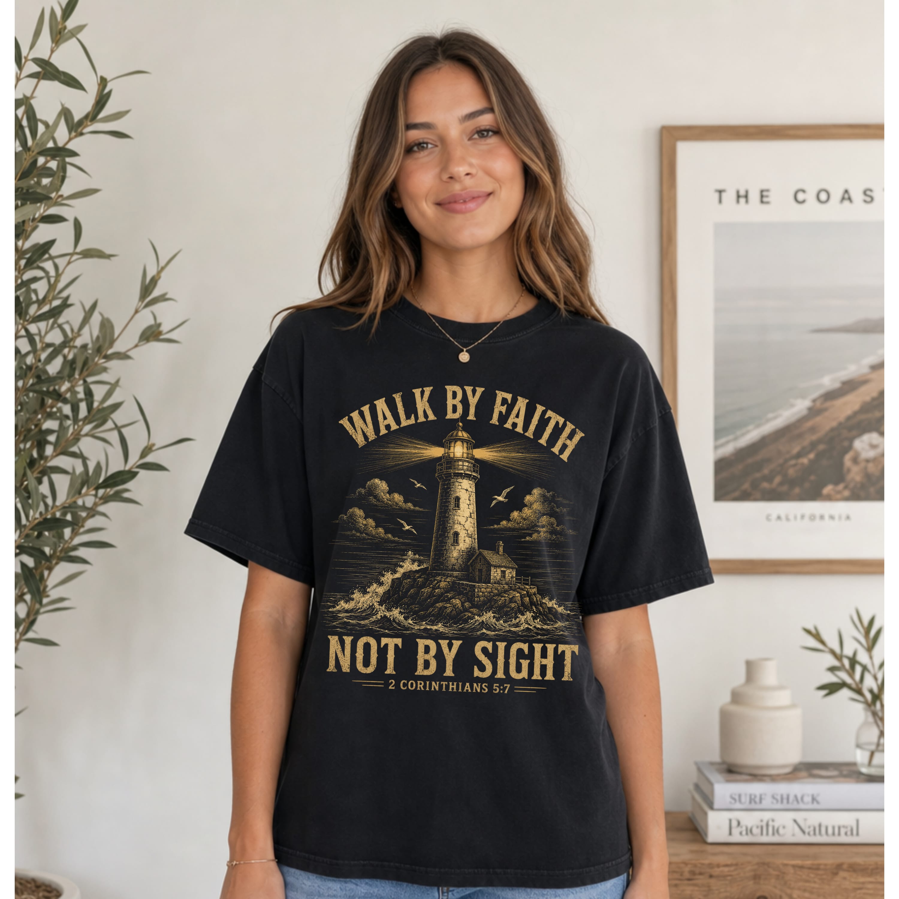 Printify T-Shirt Walk By Faith Lighthouse